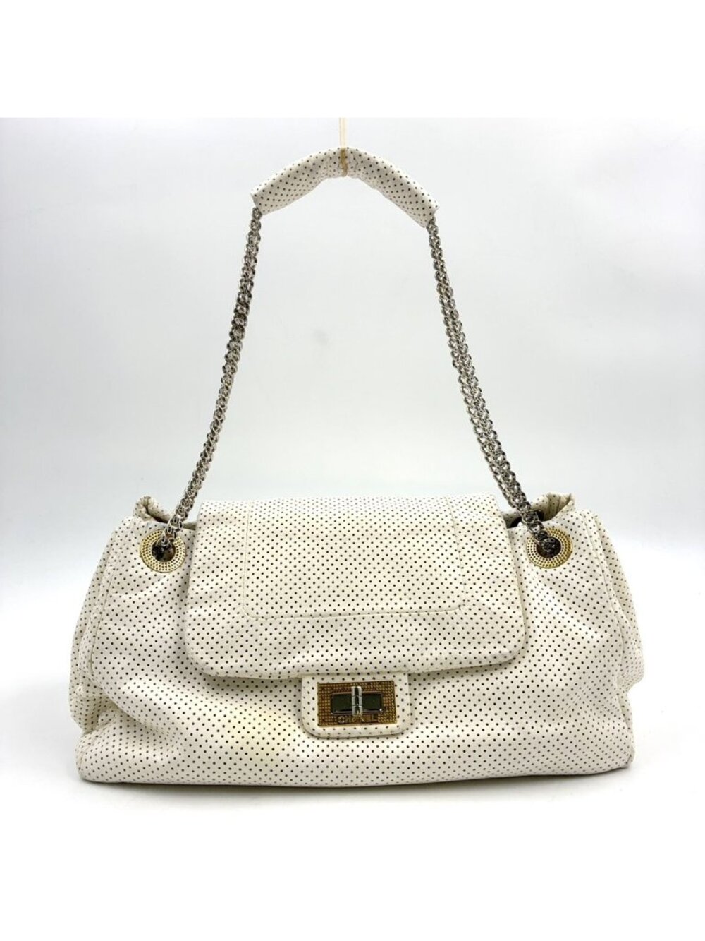 Chanel Perforated Leather White Shoulder Bag Silver